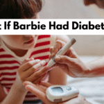 Barbie-style doll with diabetes confidently managing her health with diverse friends.