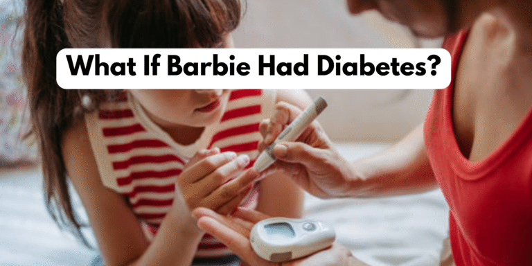 Barbie-style doll with diabetes confidently managing her health with diverse friends.