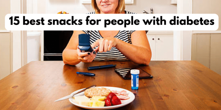 15 best snacks for people with diabetes including nuts, yogurt, and fruits arranged on a wooden table.