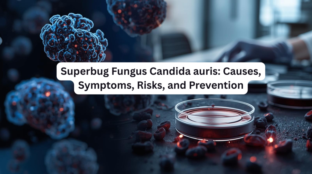 Microscopic view of Candida auris fungus with hospital background, representing drug-resistant superbug infection
